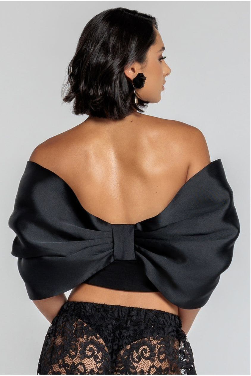 Goddiva Off Shoulder Back Satin Bow Scuba Corset