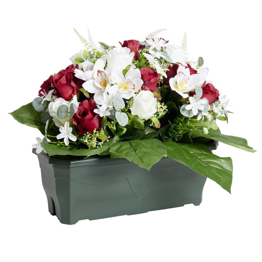 Composition florale artificielle rose orchidée bruyère rouge jardinière H42cm