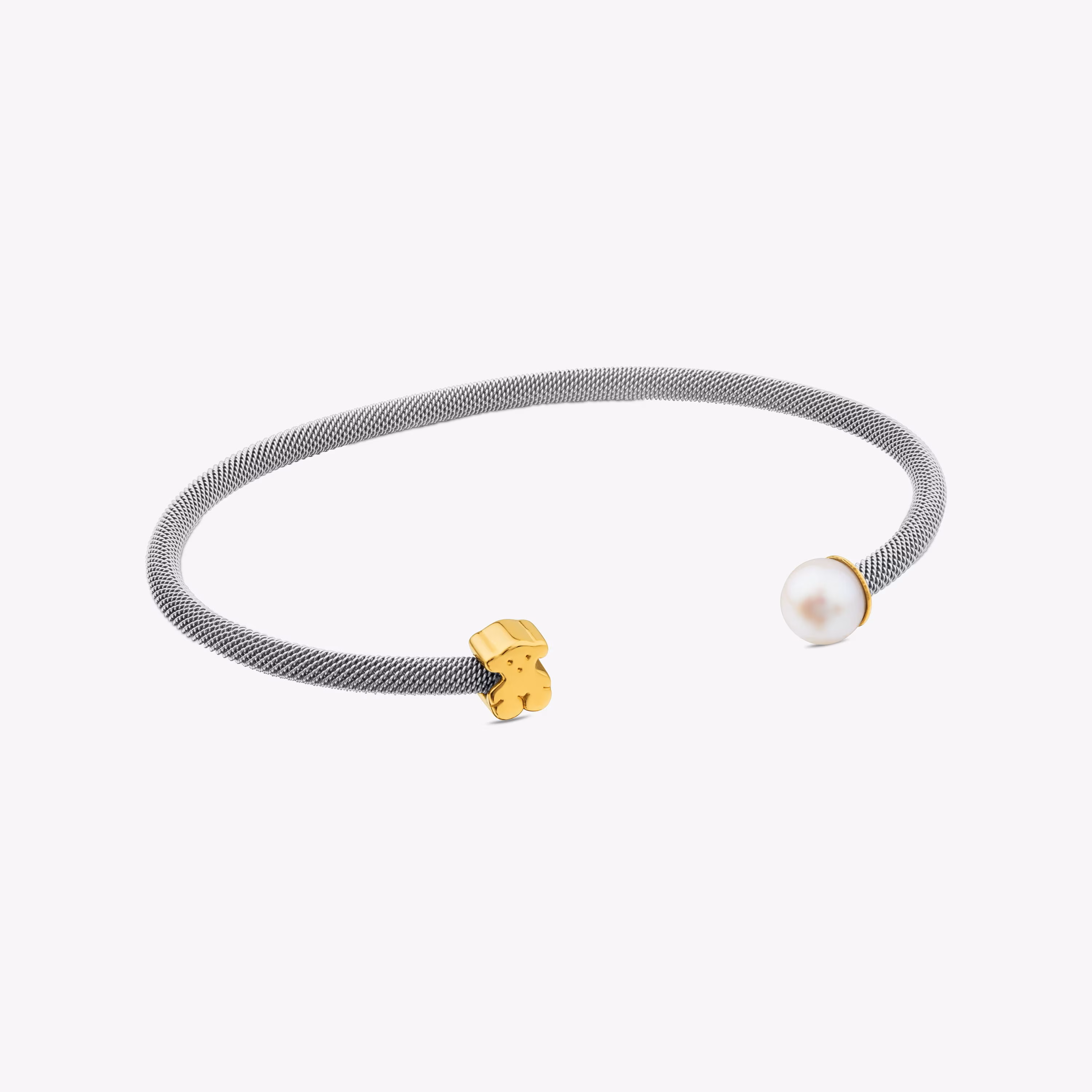 Pulsera de acero y oro con perla cultivada motivo oso 13cm. Icon Mesh