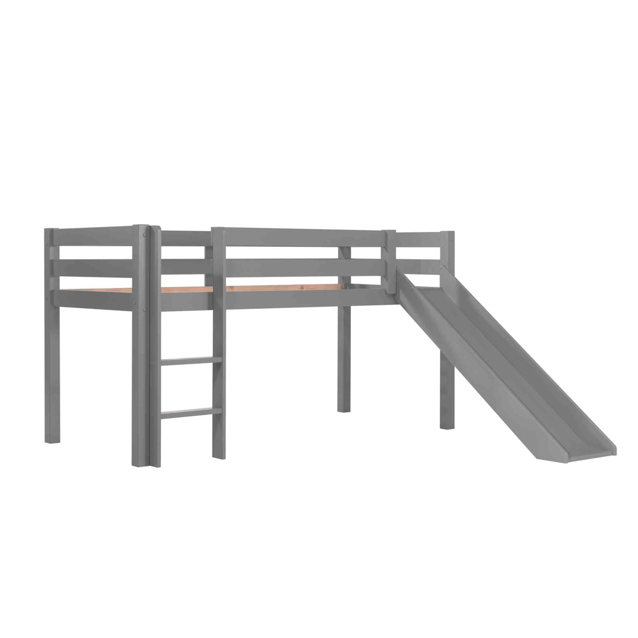 - Lit mezzanine enfant avec toboggan en bois massif gris 90x200