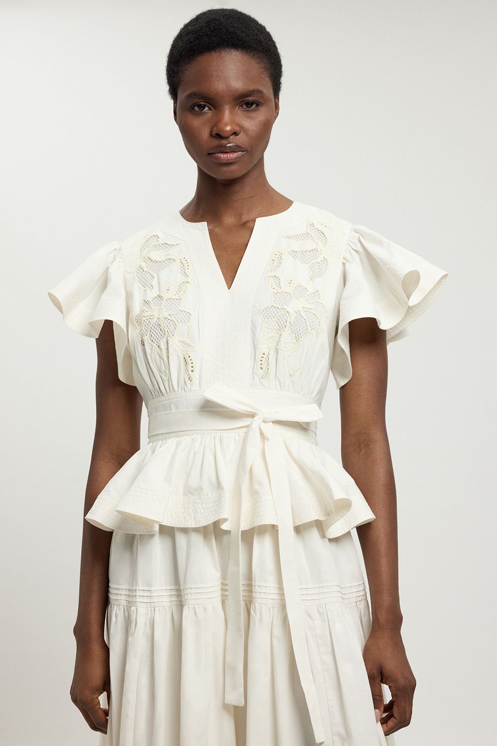 KarenMillen Cotton Cutwork Belted Midi Dress
