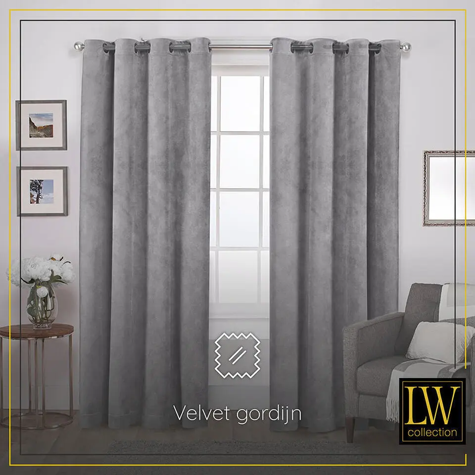 LW Collection Gordijnen Grijs 270x290cm Velvet Kant en klaar 1 stuk