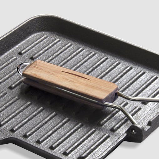 SOGA 2X 24cm Ribbed Cast Iron Square Steak Frying Grill Skillet Pan with Folding Wooden Handle