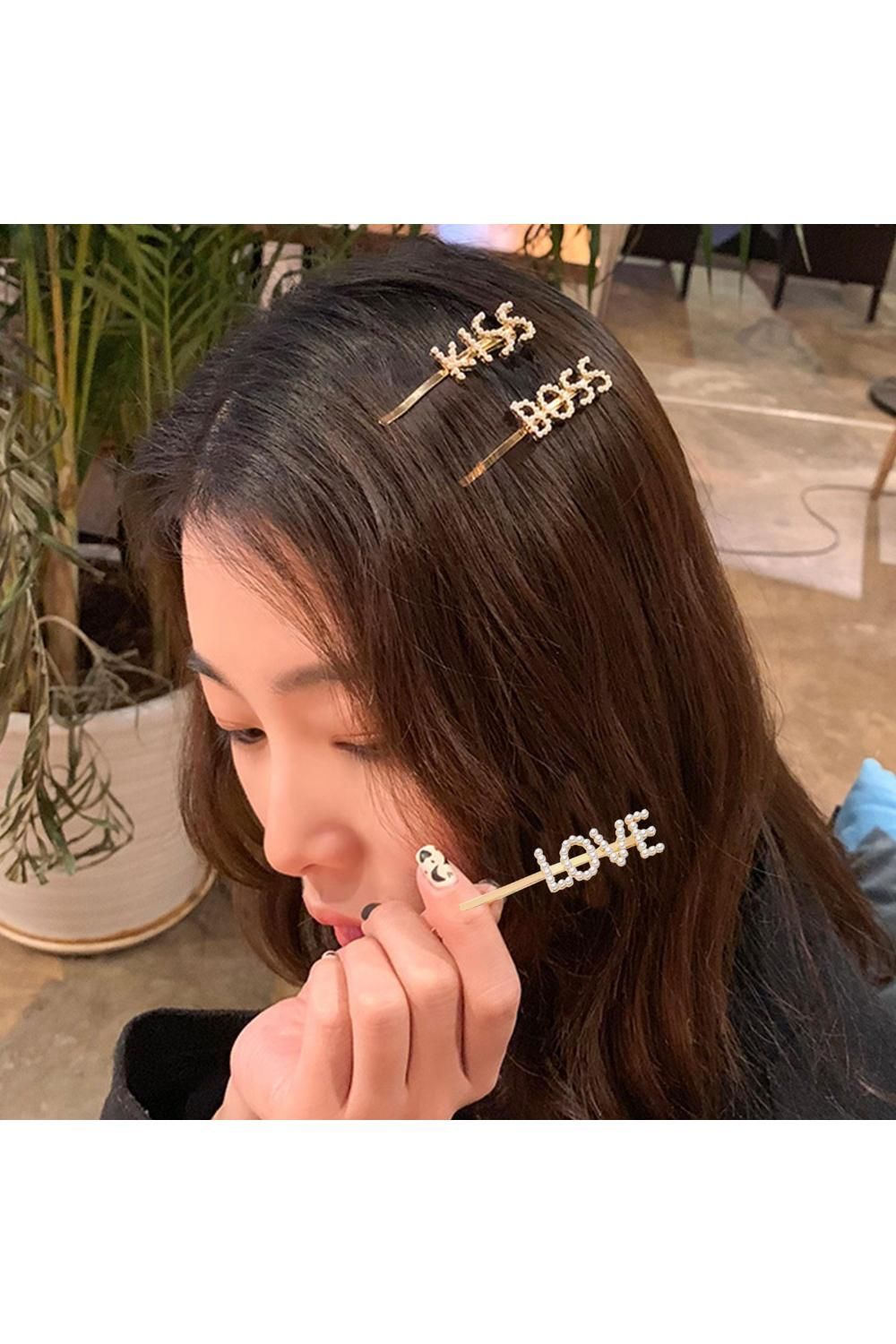 Envie Envie Pearl Words Hairpin Love Letter Statement Hair Clip Fashion Accessory Gold