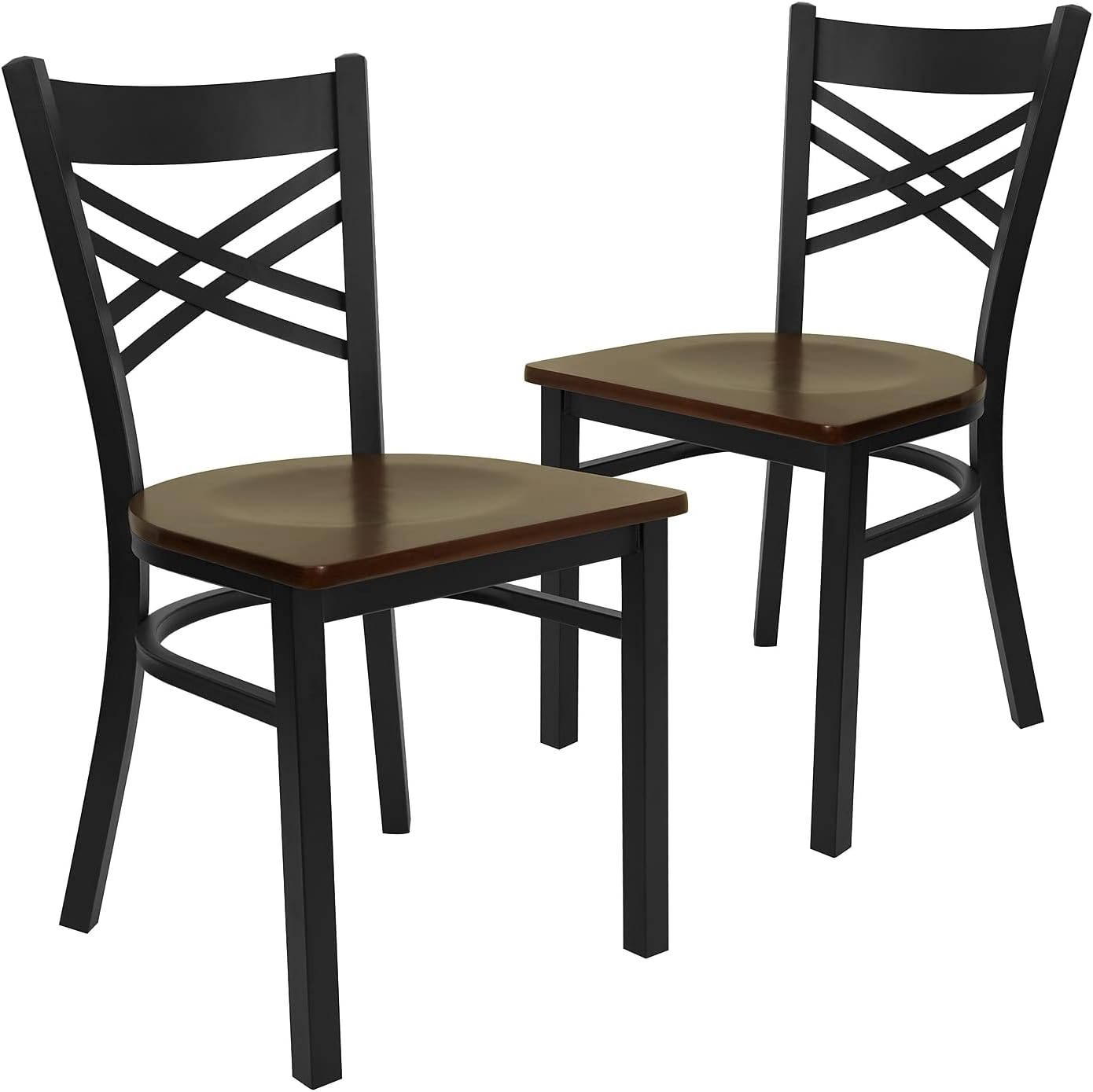 Flash Furniture 2 Pack HERCULES Series Black ''X'' Back Metal Restaurant Chair - Mahogany Wood Seat