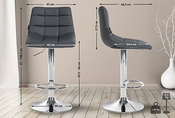 Chaise de bar Jerry similicuir, réglable en hauteur, pivotante à 360 avec dossier, cuisine bistrot Gris/Chrome