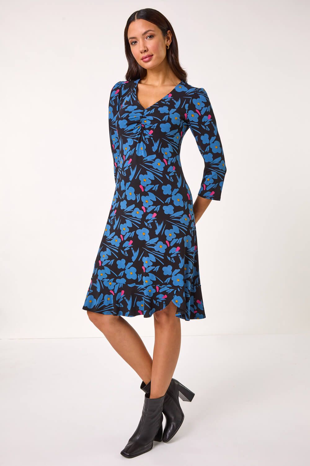 Roman Floral Print V-Neck Ruched Dress