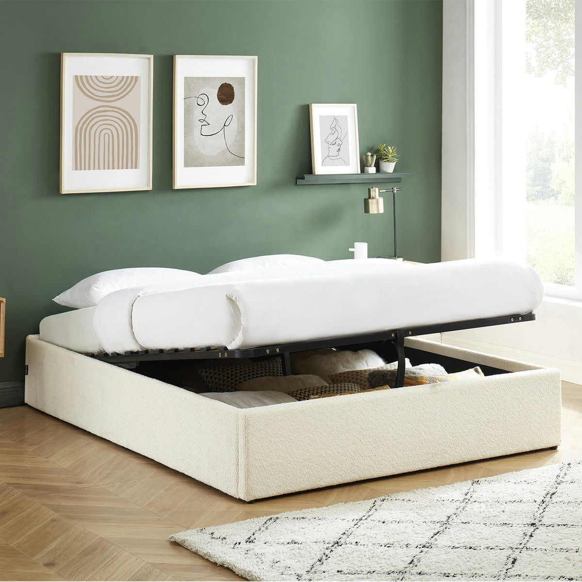 HANDY - Lit coffre 140x190cm en tissu bouclé écru + sommier à lattes