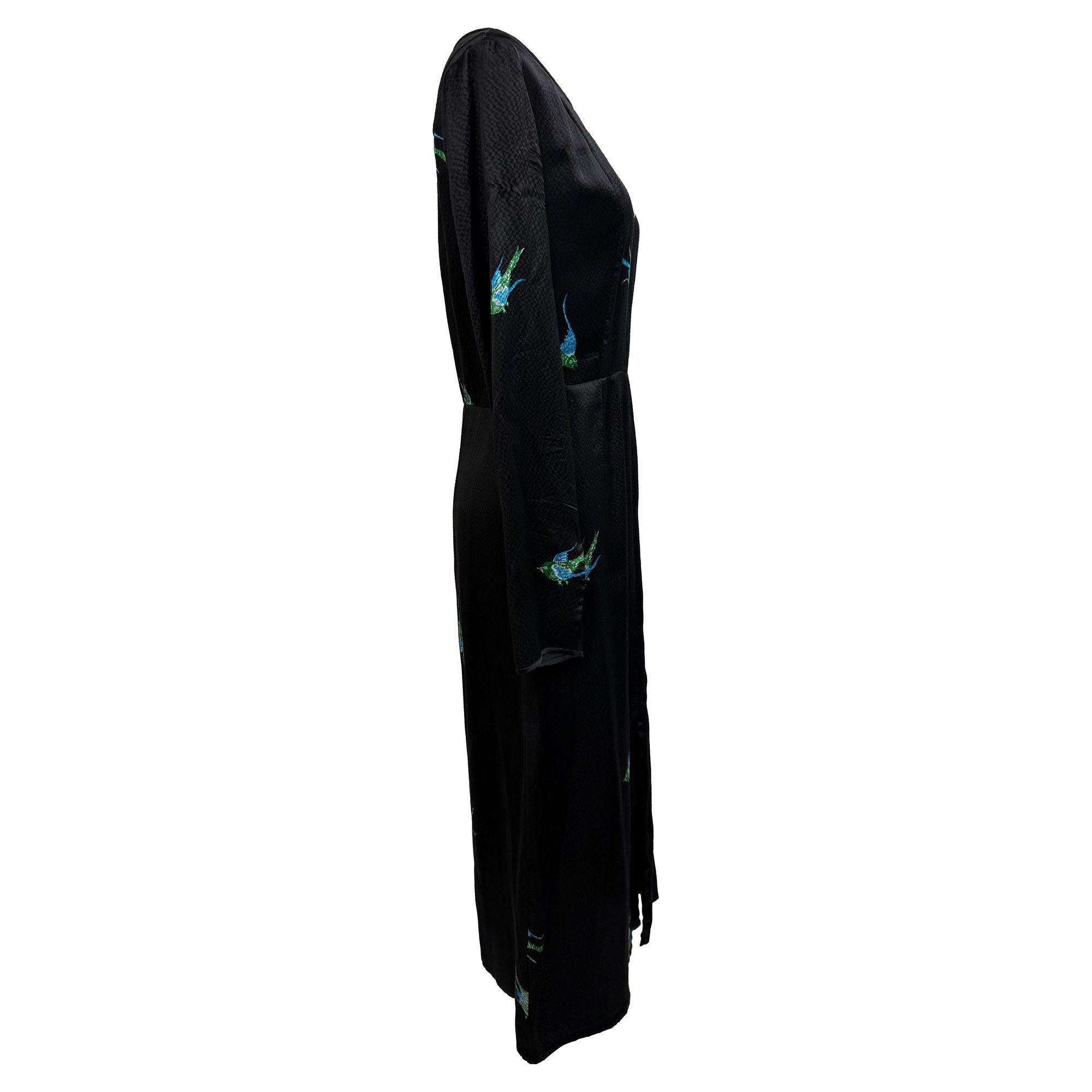 Diane Von Furstenberg Preloved Bird-Print Midi Dress in Black Silk
