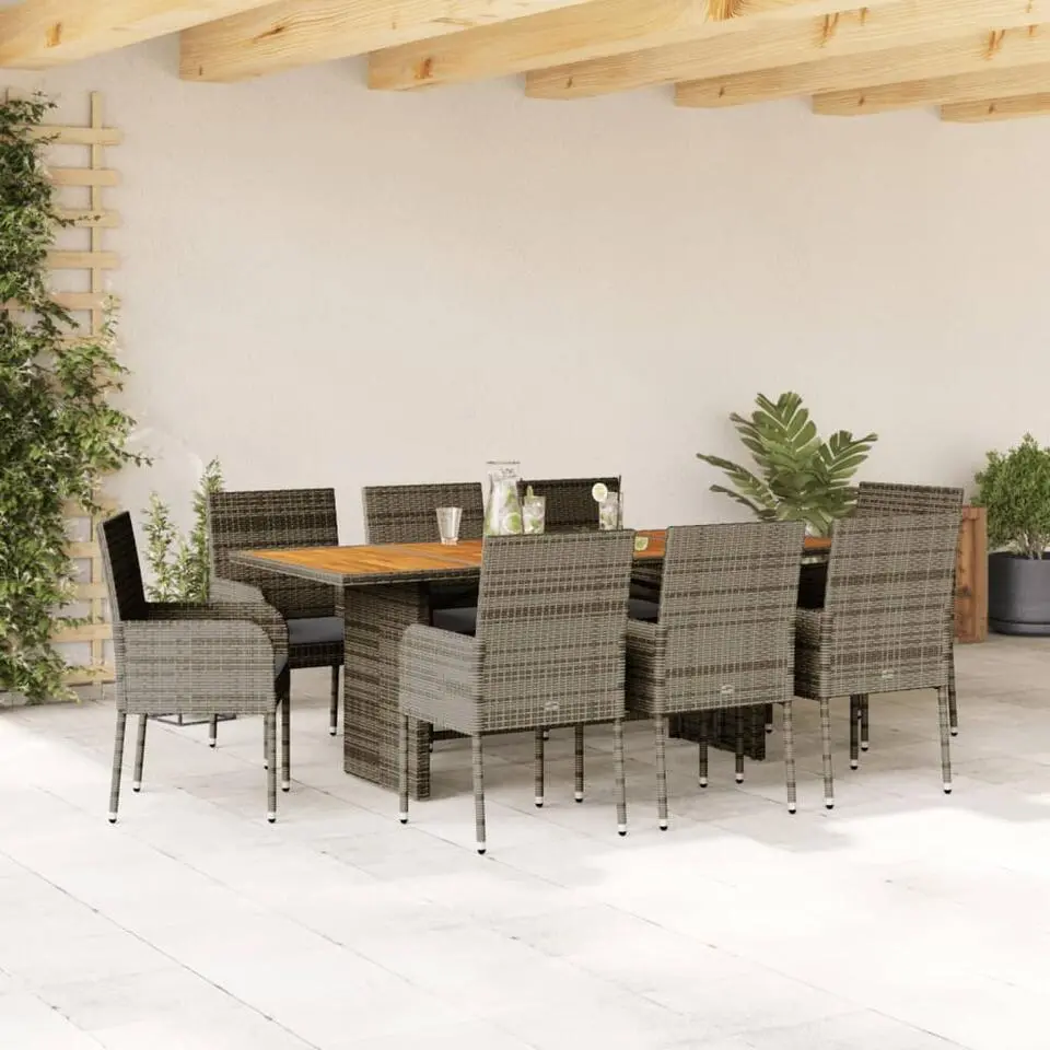 vidaXL - Tuinset - Grijs - Poly rattan - 9 stuks - Met kussens