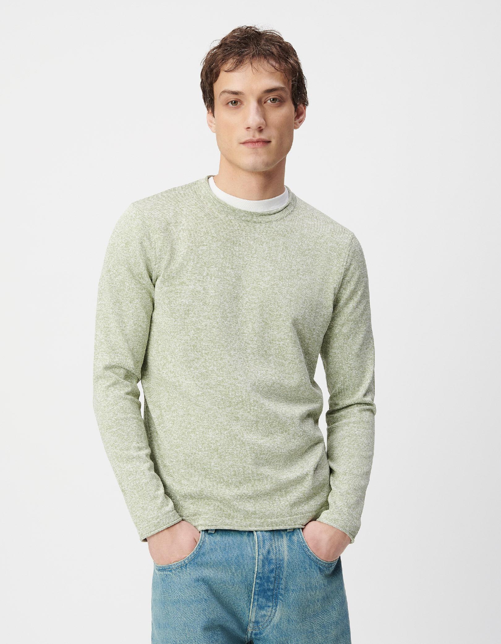 Pull col rond vert tricot fin mouliné Homme