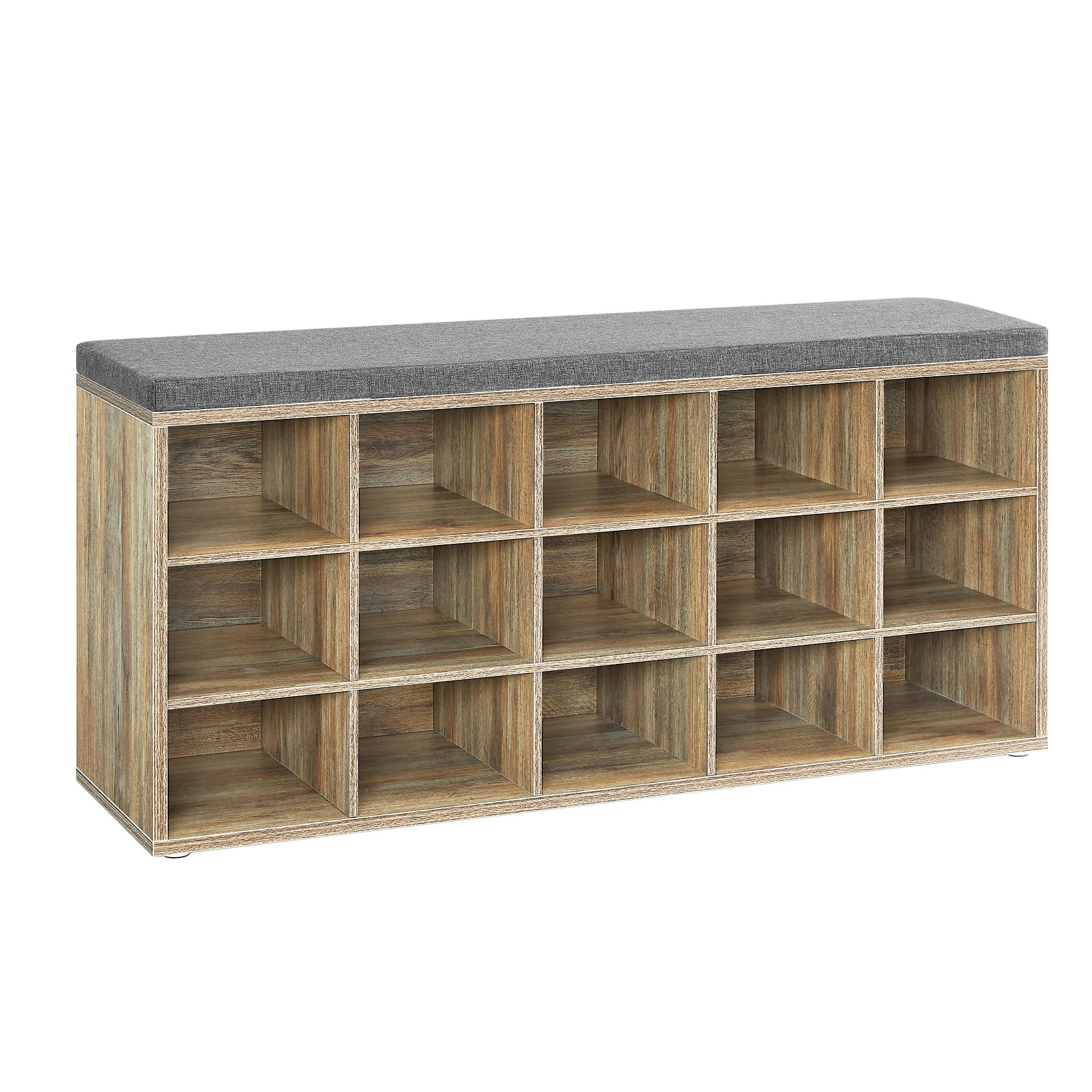 - Banc à chaussures assise rembourrée et 15 compartiments chêne et gris