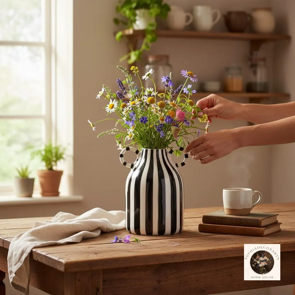 Striped Ceramic Vase with Handles, Boho Flower Vase Home Decor