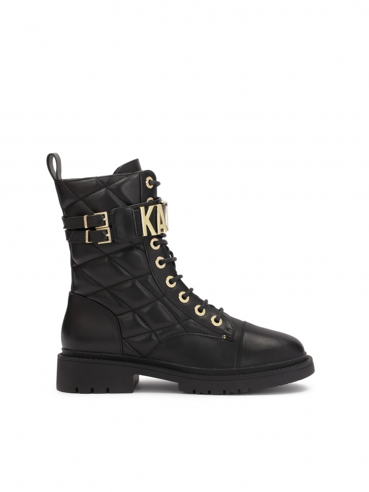 Leather boots with metal lettering