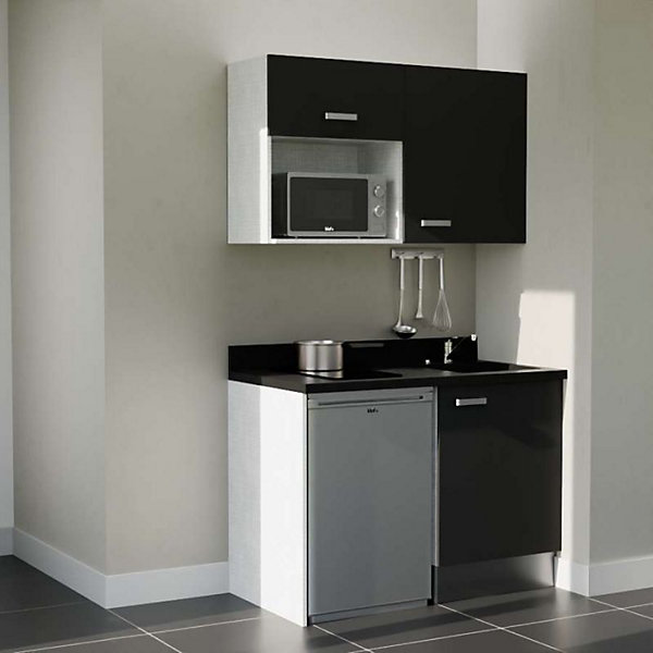 Kitchenette K07 - 120 cm - façades Noir - Plan monobloc en quartz coloris Nero évier à droite - Electroménager Inox