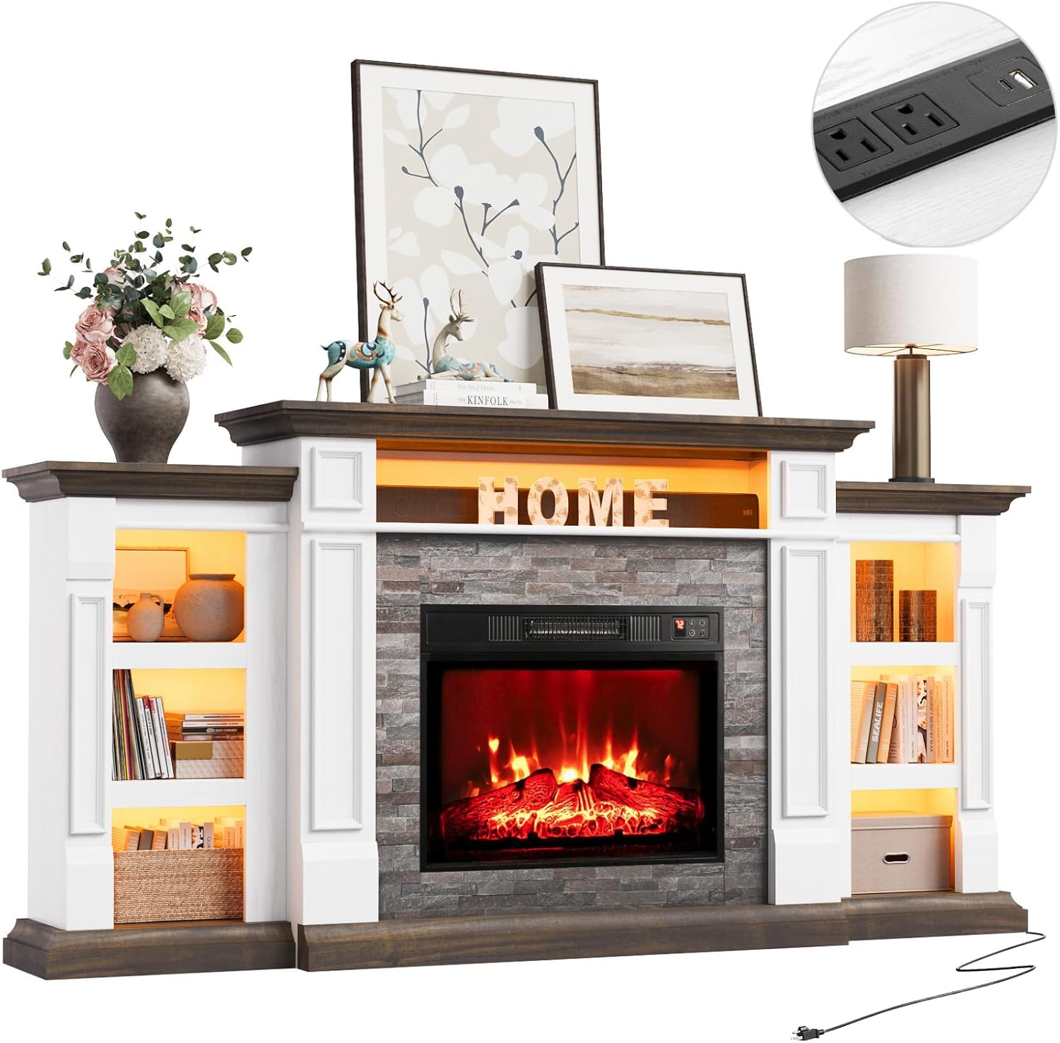 Naice 72 Electric Fireplace with Mantel and Cabinets, Fireplace TV Stand for Living Room Bedroom, LED Light & Power Outlet, 23in Realistic Flame Fireplace and Stacked Stone Surround, Brown