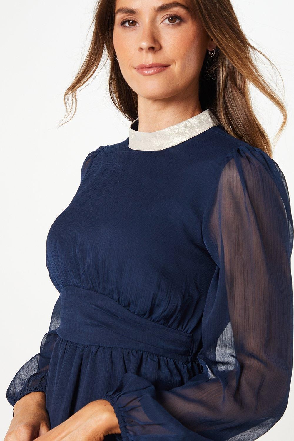 Wallis Foil Trim Gathered Waist Midi Dress