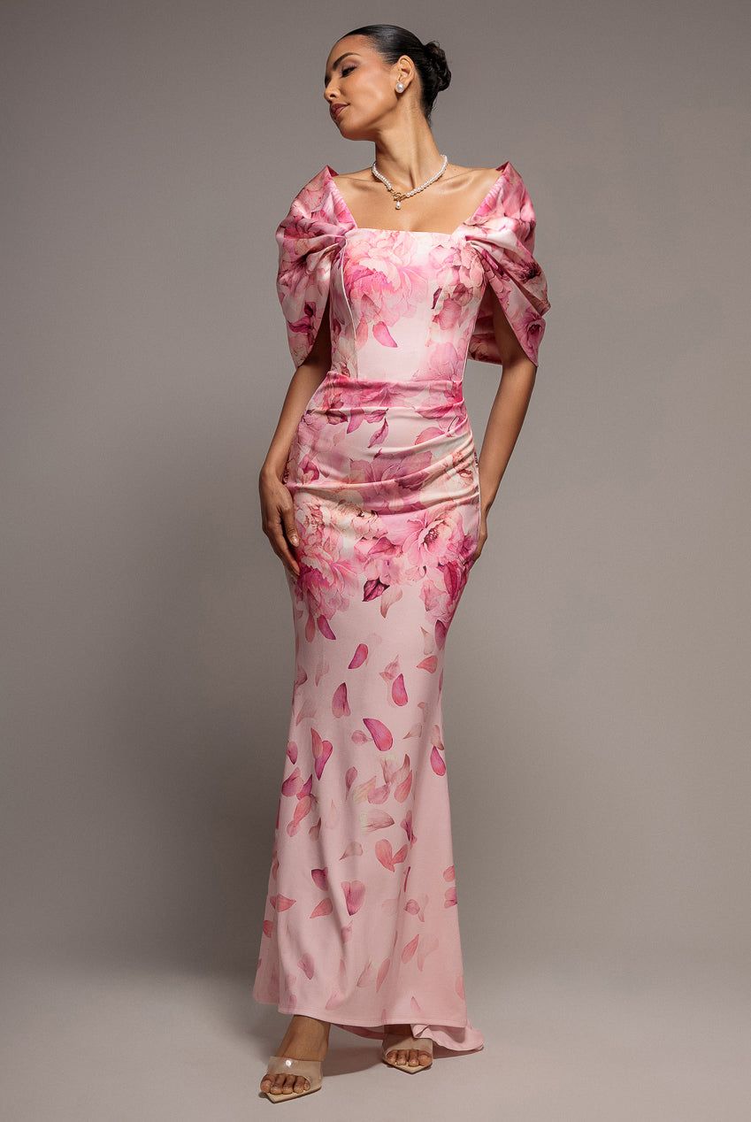 Goddiva Printed Off Shoulder Satin Bow Back Maxi Dress