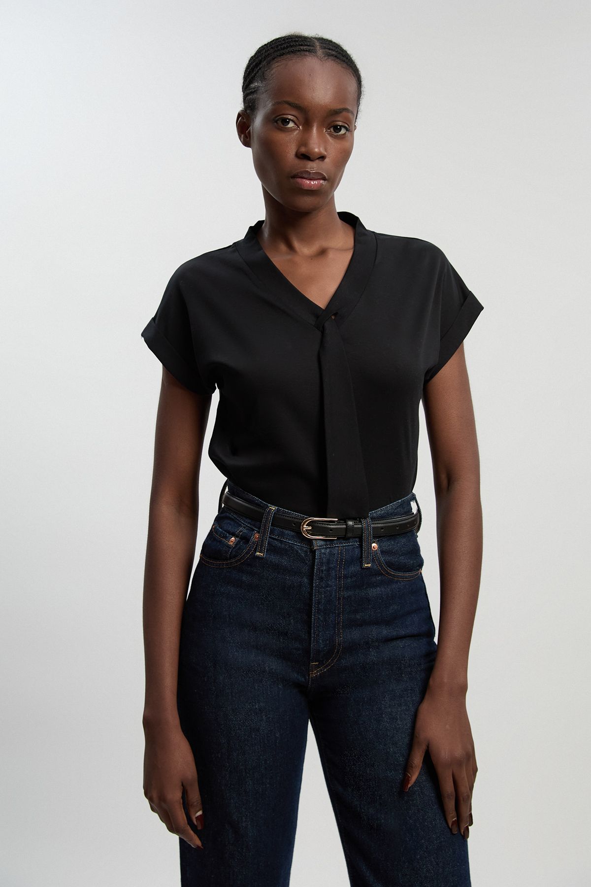 KarenMillen Jersey V Neck Tie Detail T - Shirt