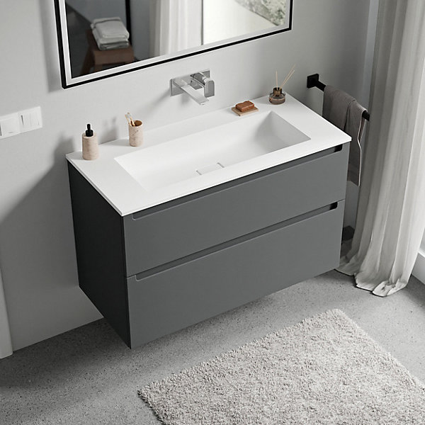 Meuble vasque suspendu MDF Anthracite mat, lavabo fonte Blanc mat sans trou robinet, tiroirs pivotants - 80x46x62cm - VIREO