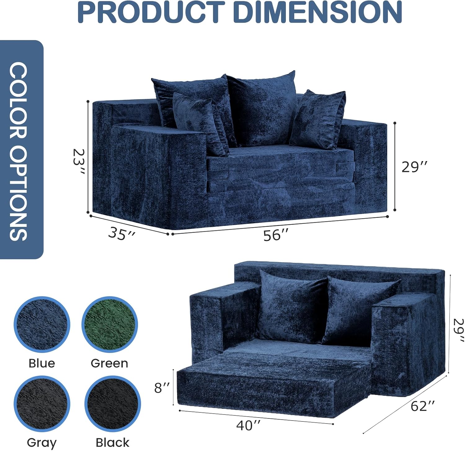 Boneless Loveseat Sofa Bed, 3-in-1 Convertible Sofa Bed Sleeper Sofa Floor Futon Couch for Living Room, Velvet-Blue
