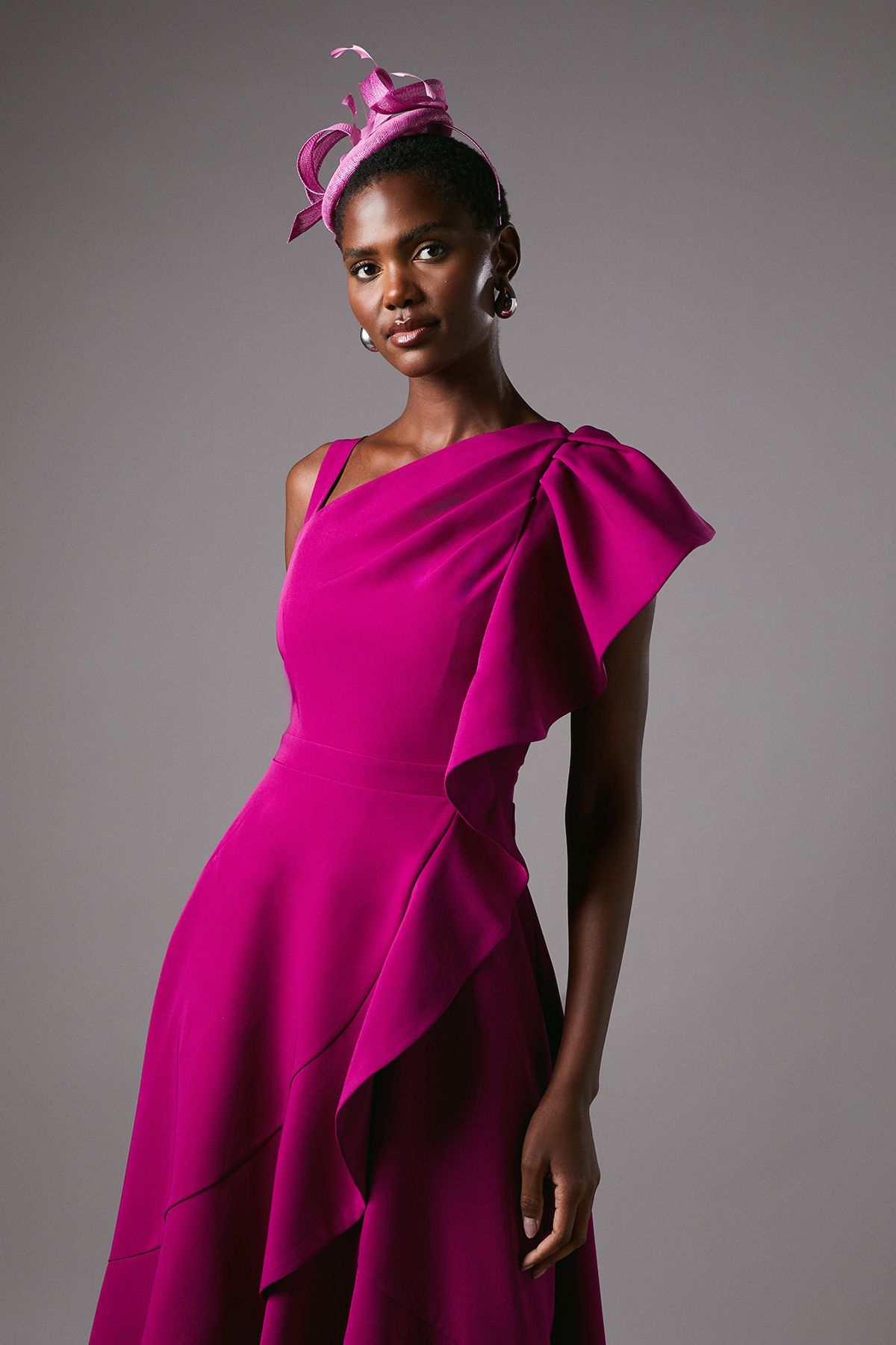 Coast One Shoulder Crepe Ruffle Midi Dress