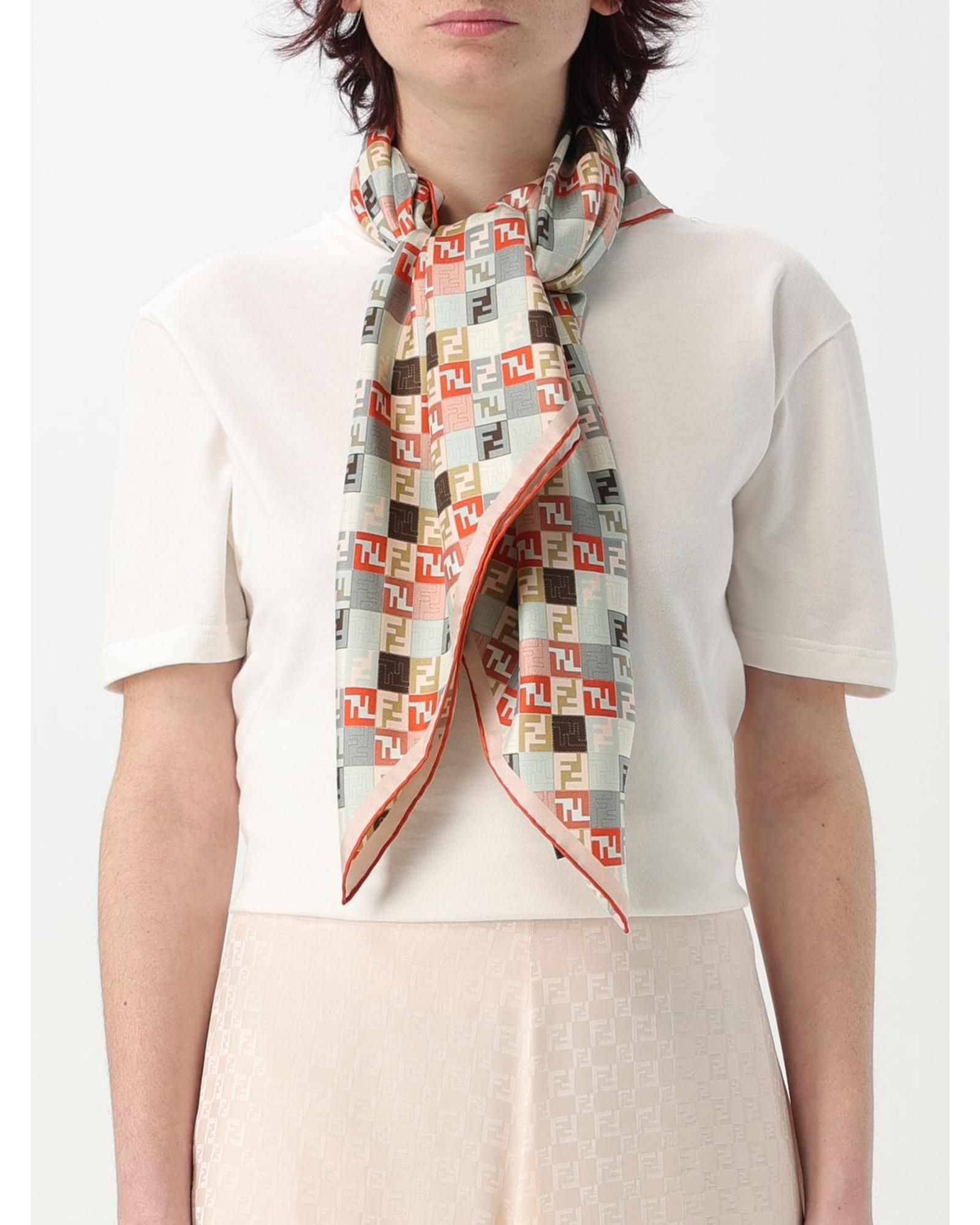 Fendi Geometric Silk Scarf FF Logo Wo - Orange Scarf Rings
