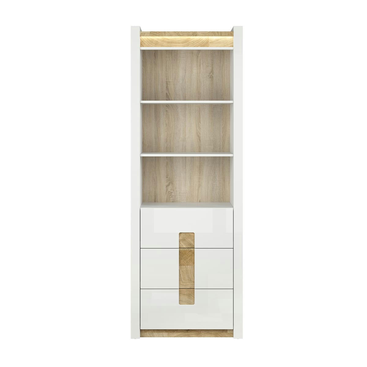 - Bibliothèque 3 tiroirs avec led blanc laqué et naturel