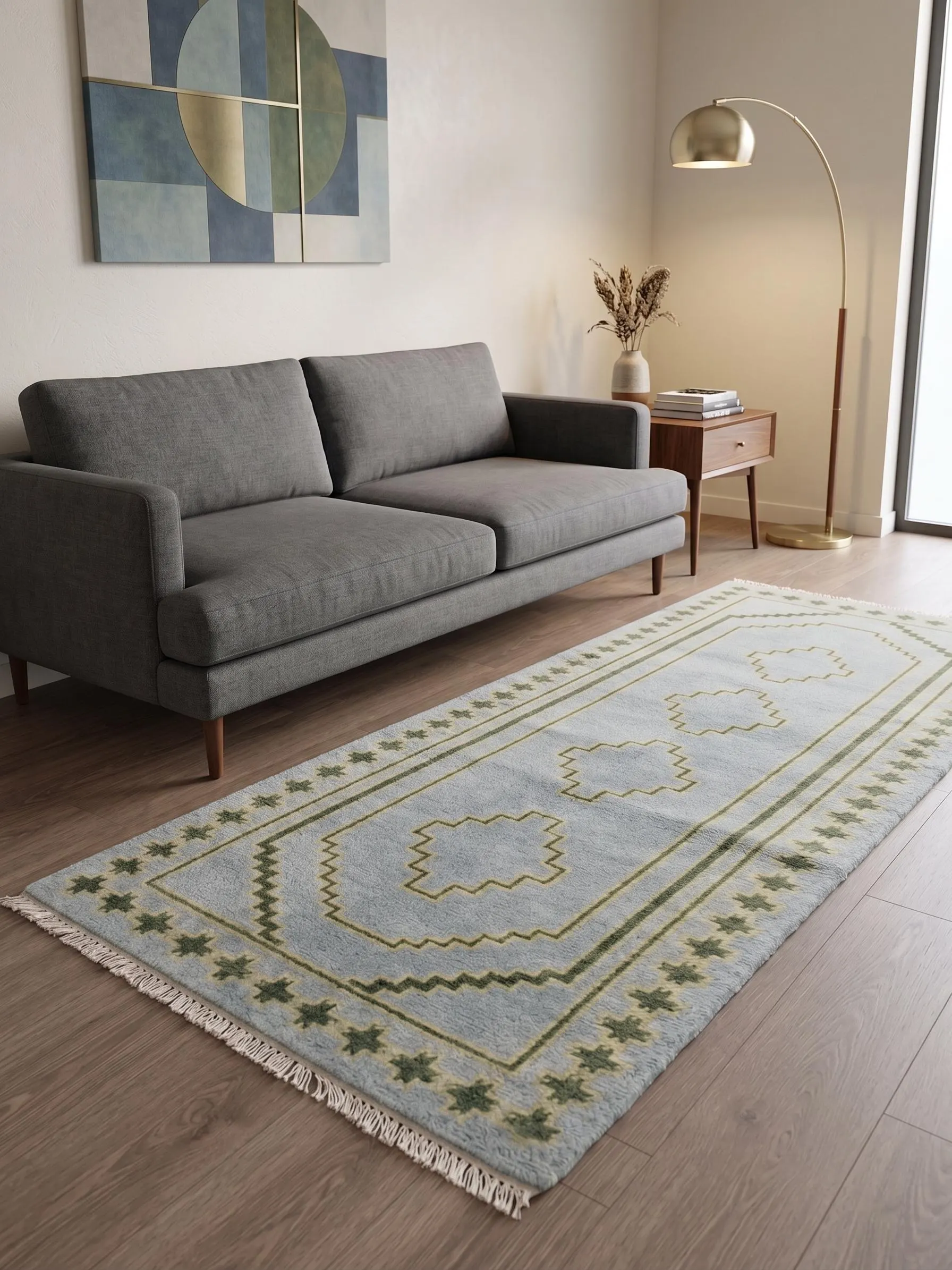 Vintage Boho Area Rug, Neutral Geometric Wool Blend Floor Covering