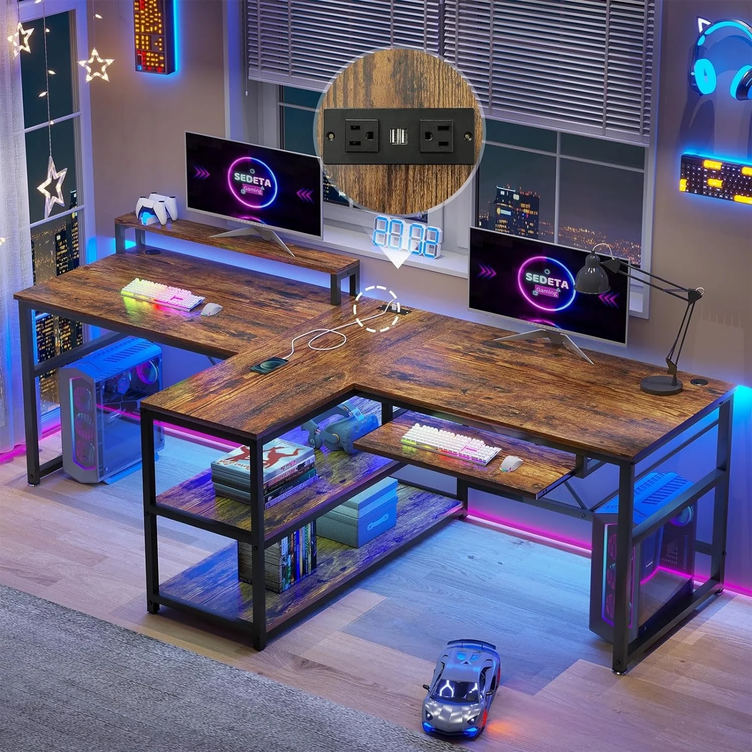 Two Person Double Computer Desk LED Gaming Desk 2 Storage Shelves