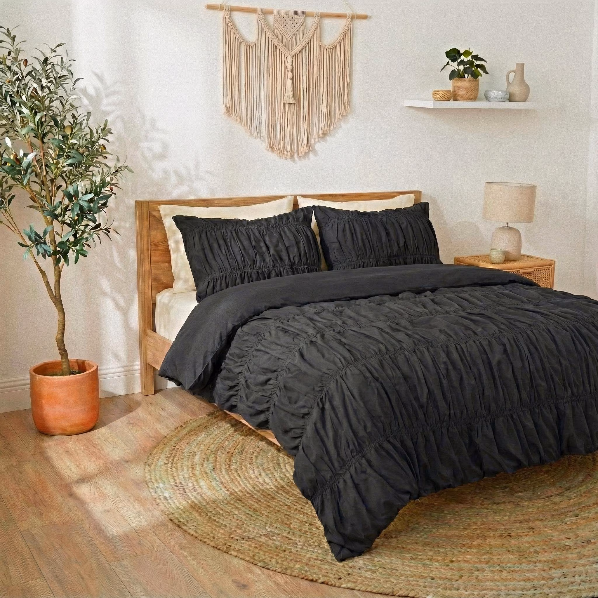 Solid Black Wrinkled Cotton Duvet Cover, Soft Textured Bedding, Aesthetic Bedroom Decor | Breathable Minimal Bedding, Farmhouse Chic
