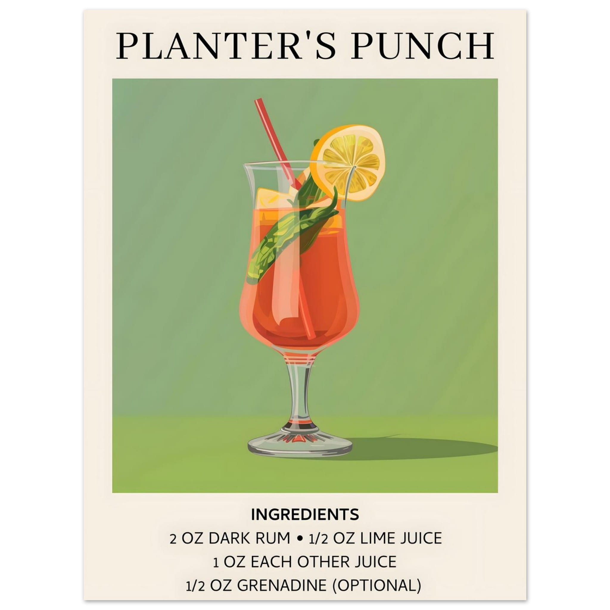 Artfulprints Poster Planter's Punch cocktail - Ingrediënten  - 30x40 cm - Groen