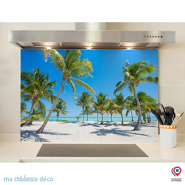 Crédence cuisine fond de hotte Plage et palmiers - Verre trempé - L 90 cm x H 70 cm - MaCrédenceDéco