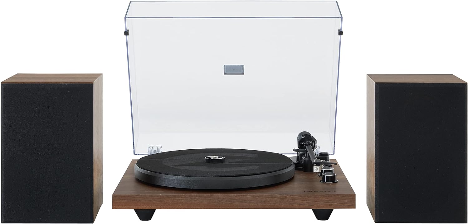 Crosley C62C Turntable HiFi System Record Player with Speakers  Adjustable Tonearm  Moving Magnet Cartridge  Bluetooth Receiver  40W Per Channel  and Anti-Skate  Walnut