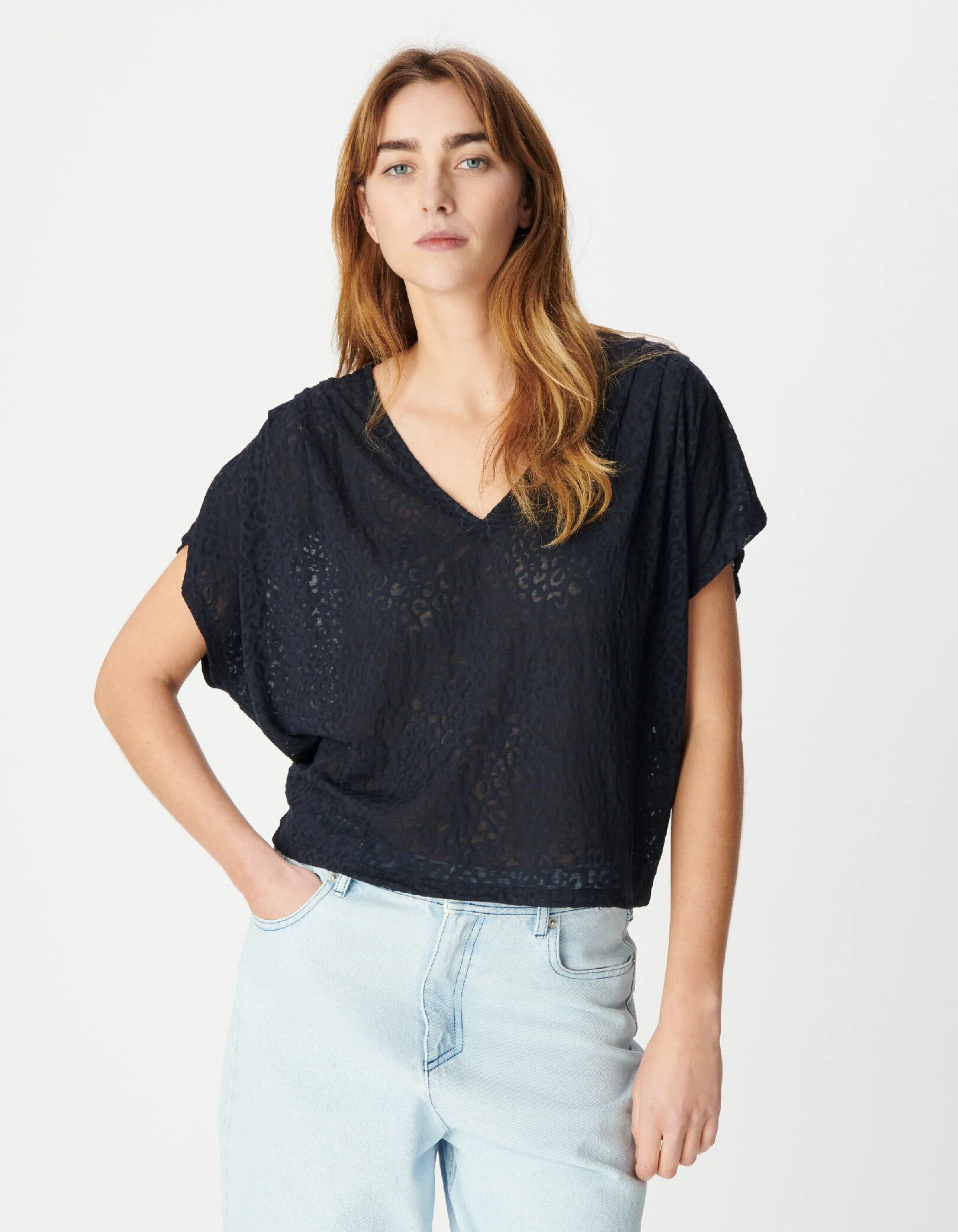 Tee-shirt loose marine imprimé léopard Femme