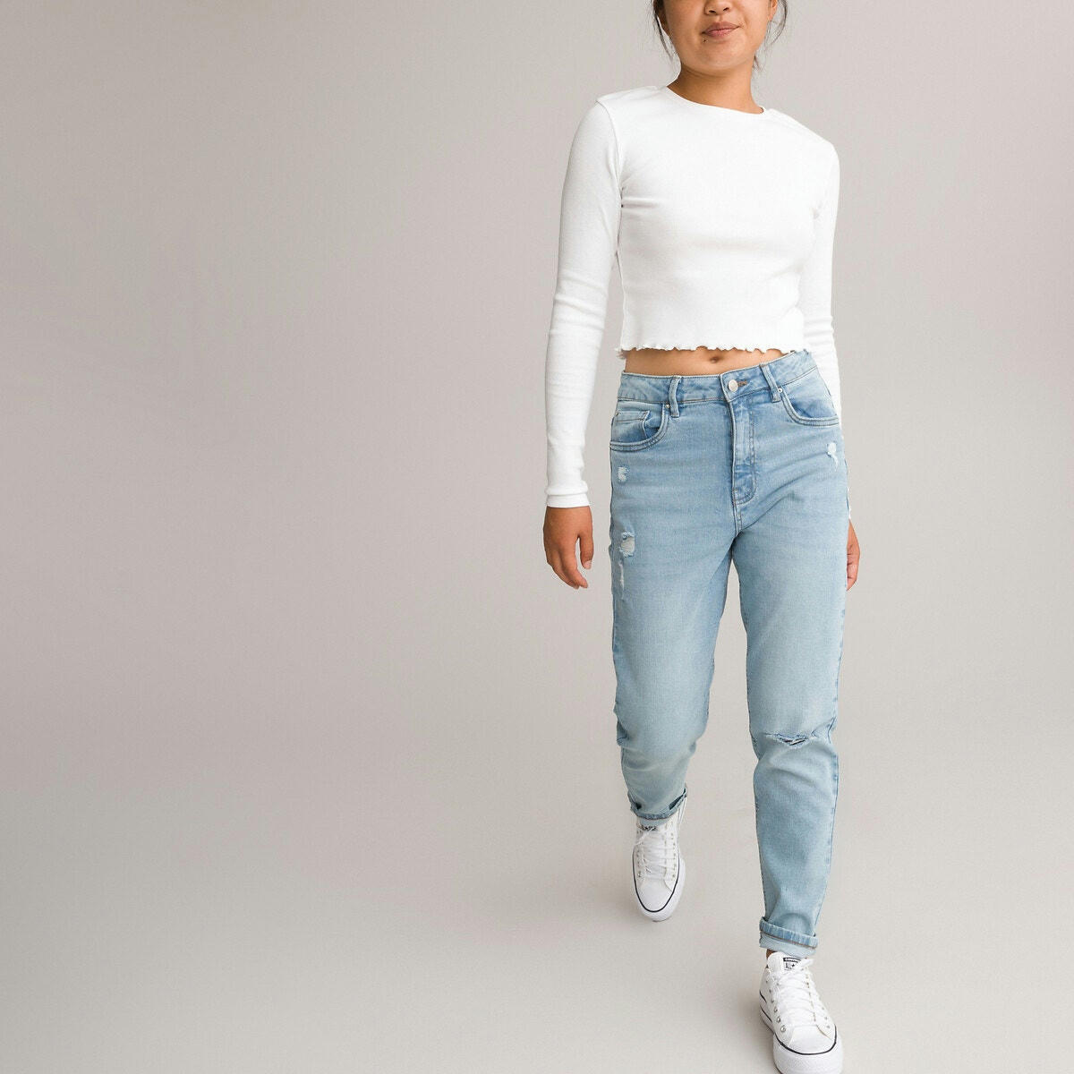 T-shirt manches longues en côtes coupe cropped