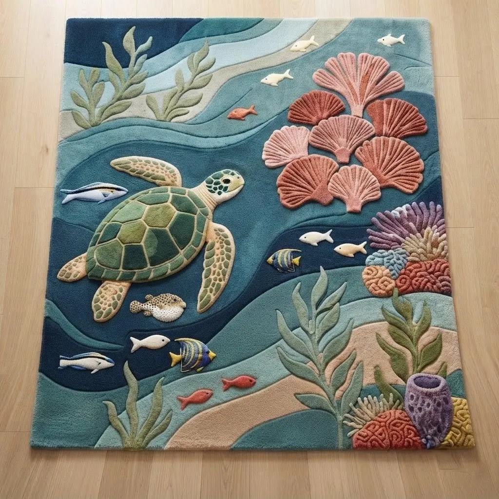 Handmade Tufted 3D Sea Turtle and Coral Reef Area Rug for Living Room, Bedroom & Kids Room – Available in Sizes 4x6, 5x8, 6x9, 8x10, 9x12