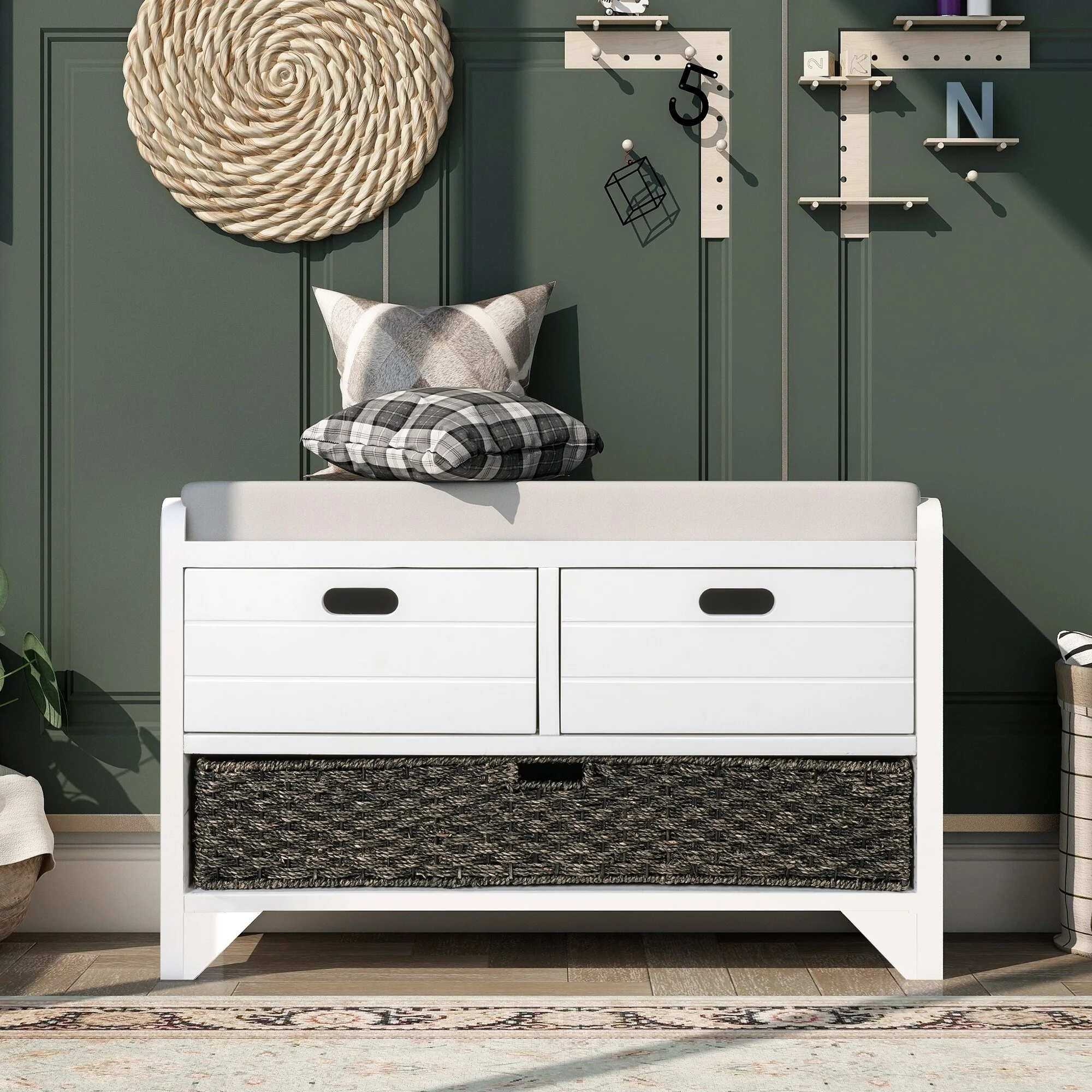 Storage Bench with Removable Basket Cushion and 2 Drawers