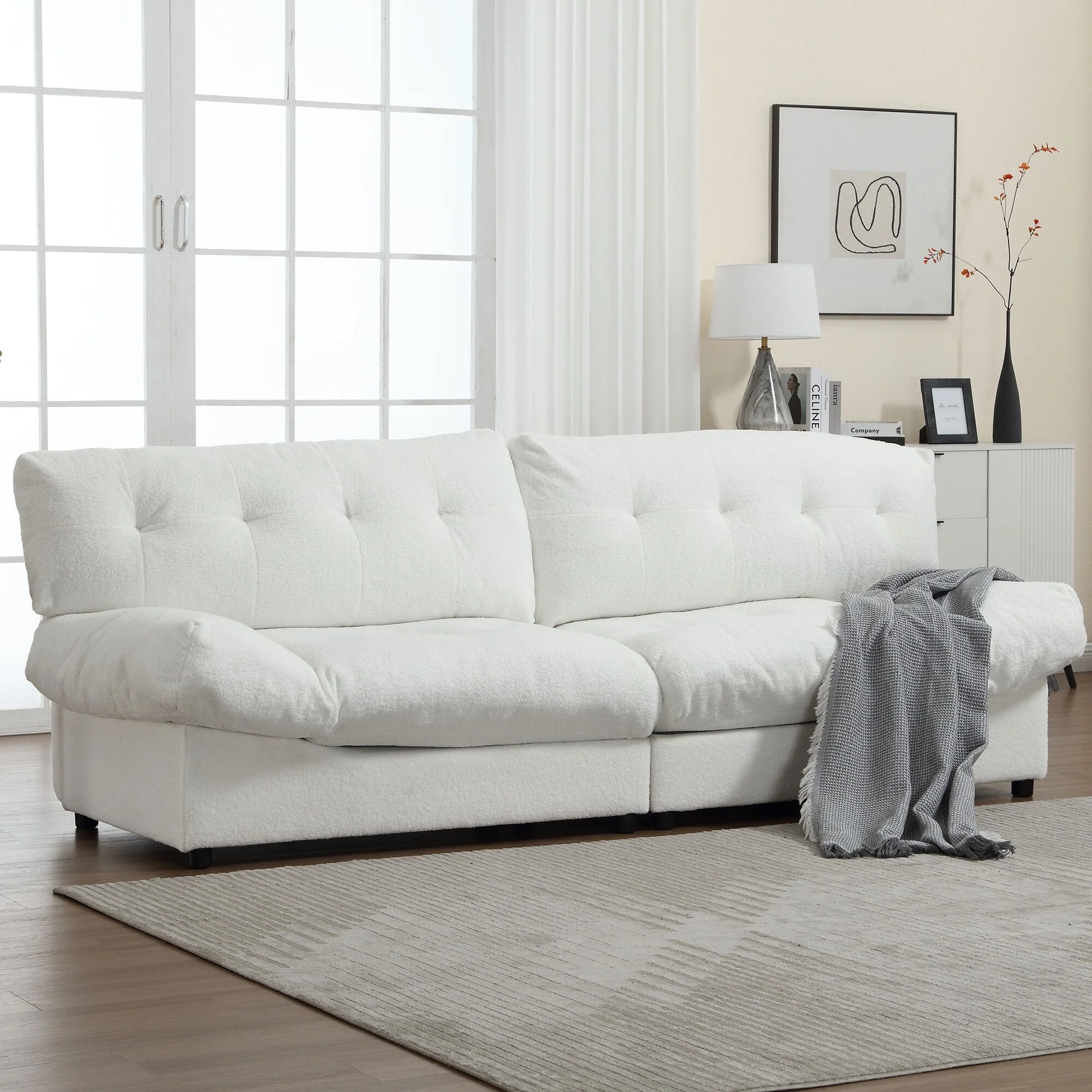White 96.46'' Fabric 2 Seater Sofa with Button Tufting, Comfy and Sturdy Frame for Living Room and Apartment