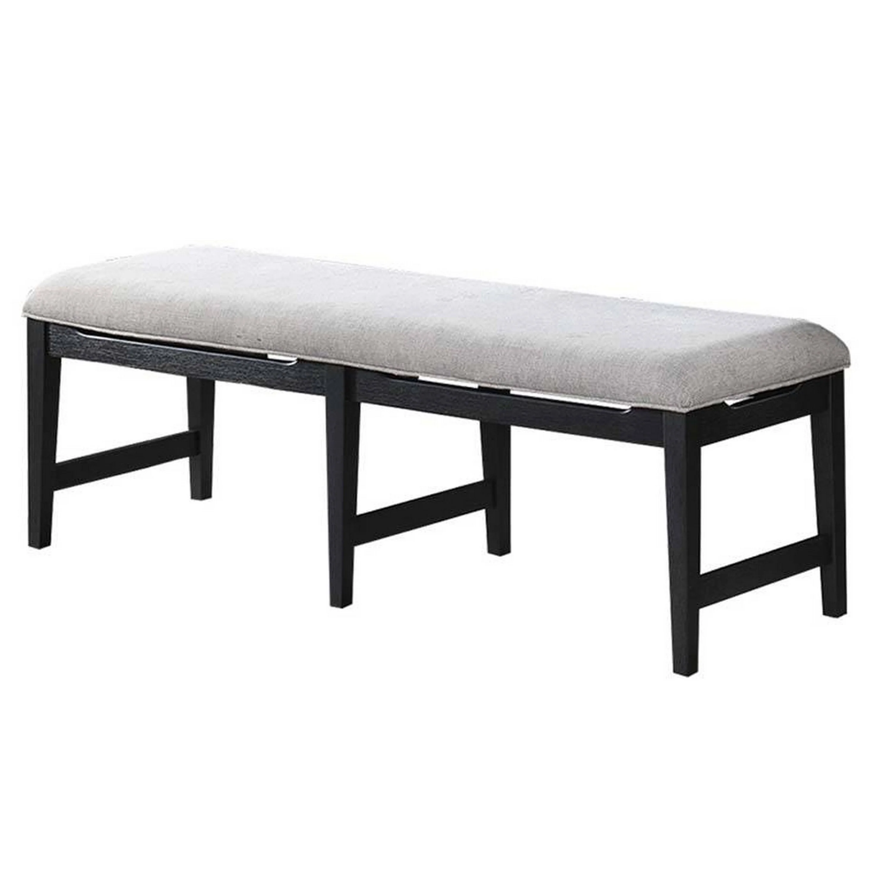 Remus Dining Bench, 58 Inch Black Embossed Wood, Light Gray Fabric