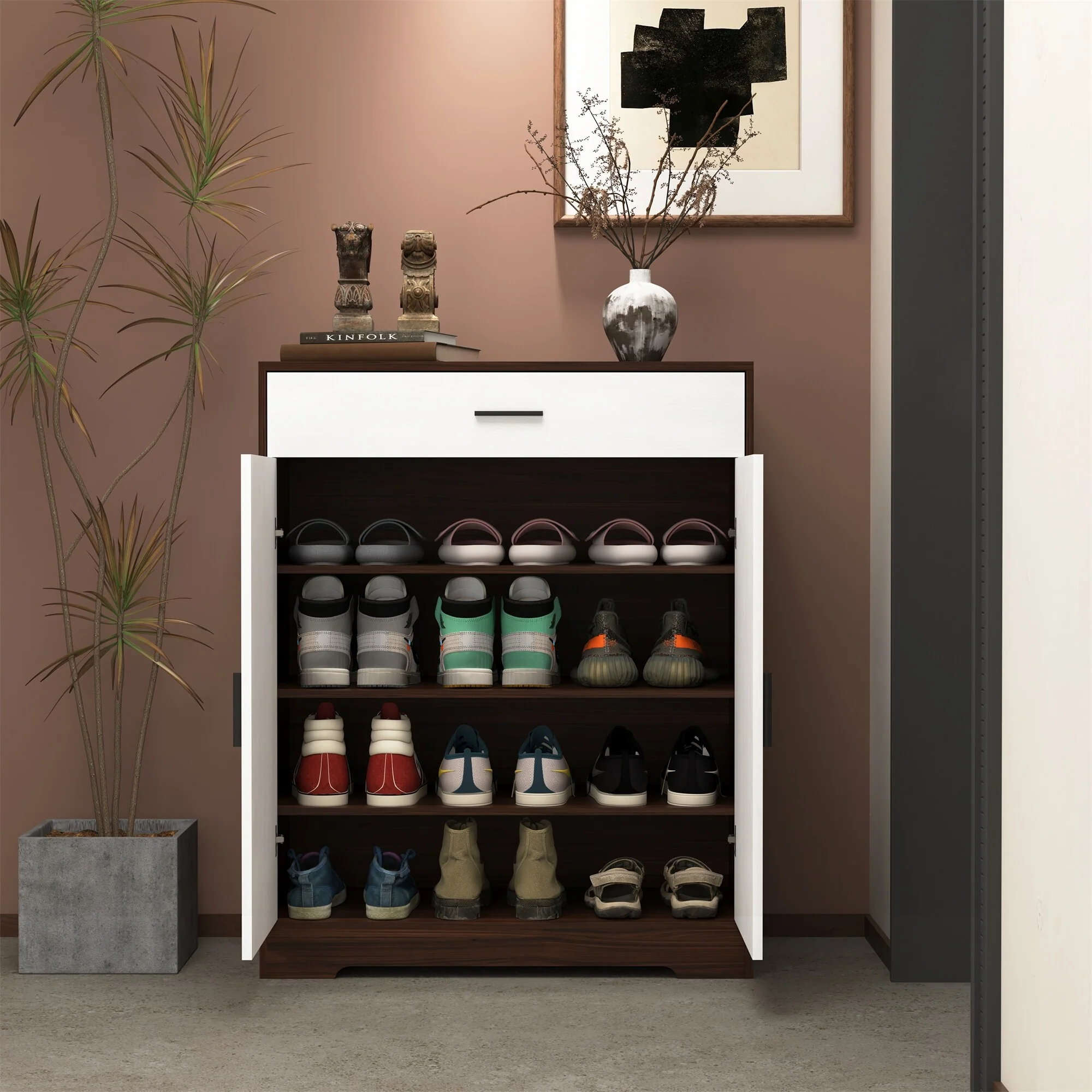 Freestanding Wood Shoe Storage Cabinet w/ 2 Doors ,Adjustable Shelves