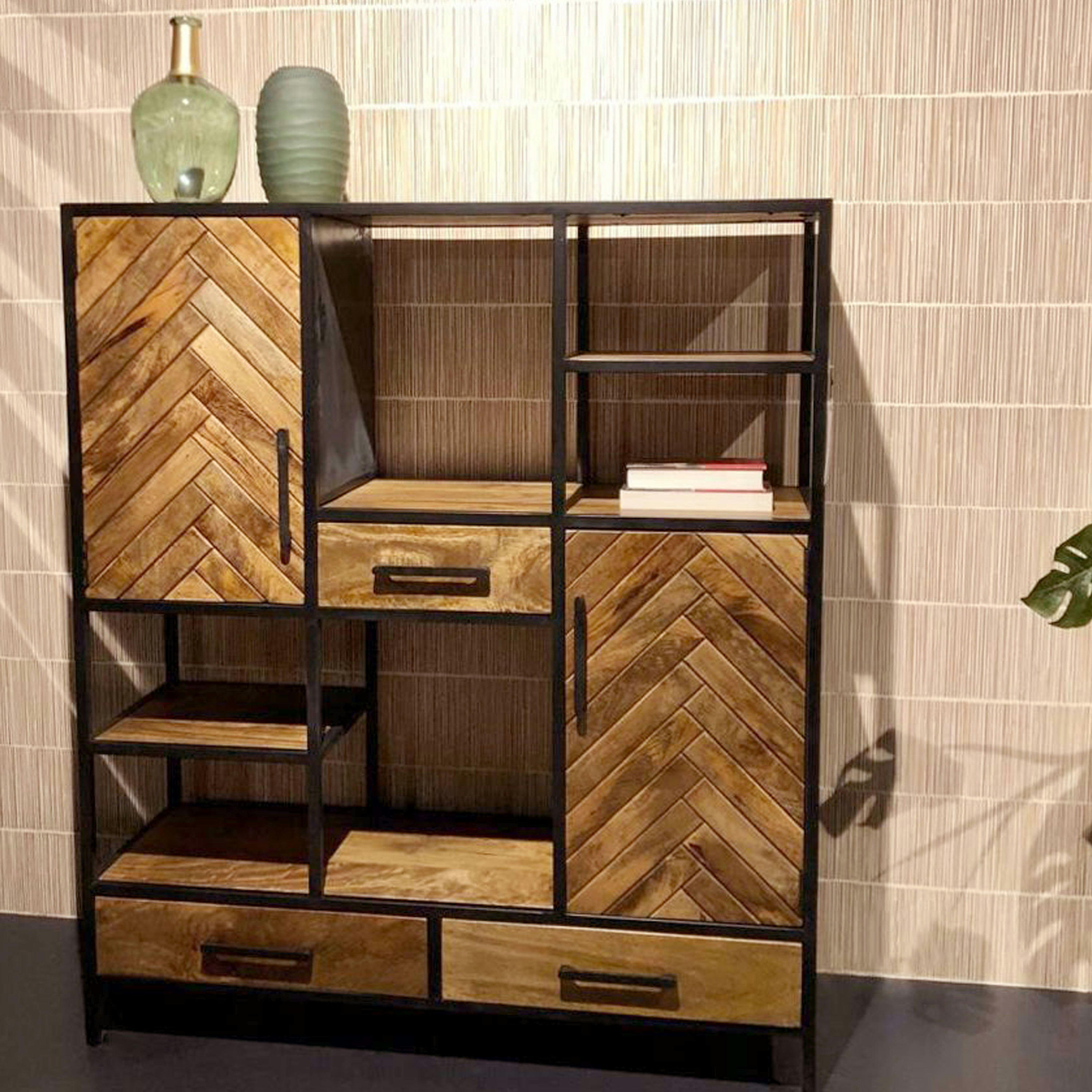 MADRAS - MADRAS-Buffet haut 2 portes 3 tiroirs L120, Manguier massif et métal