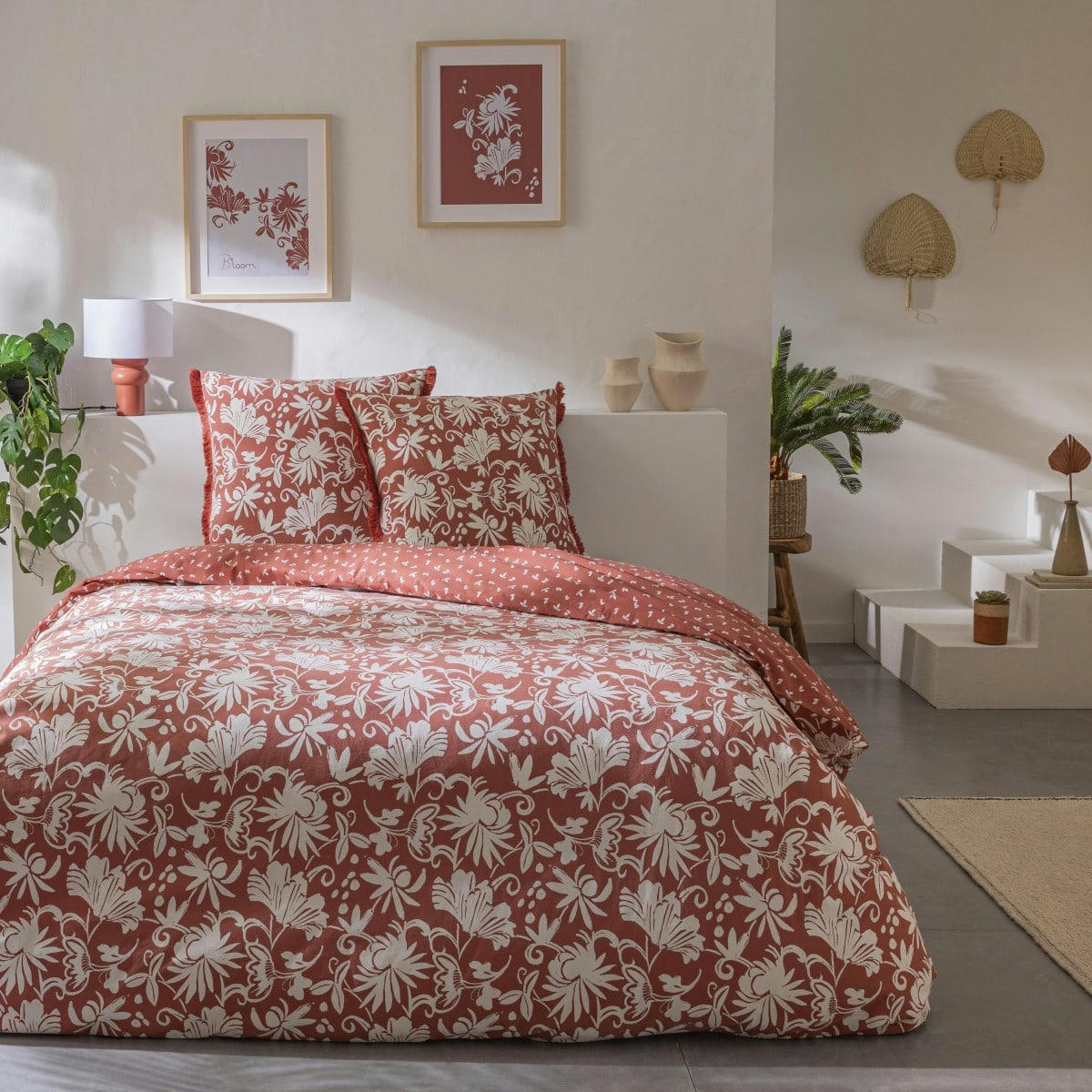 NORIA - Parure de lit 2 personnes coton  imprimé terracotta 260x240cm