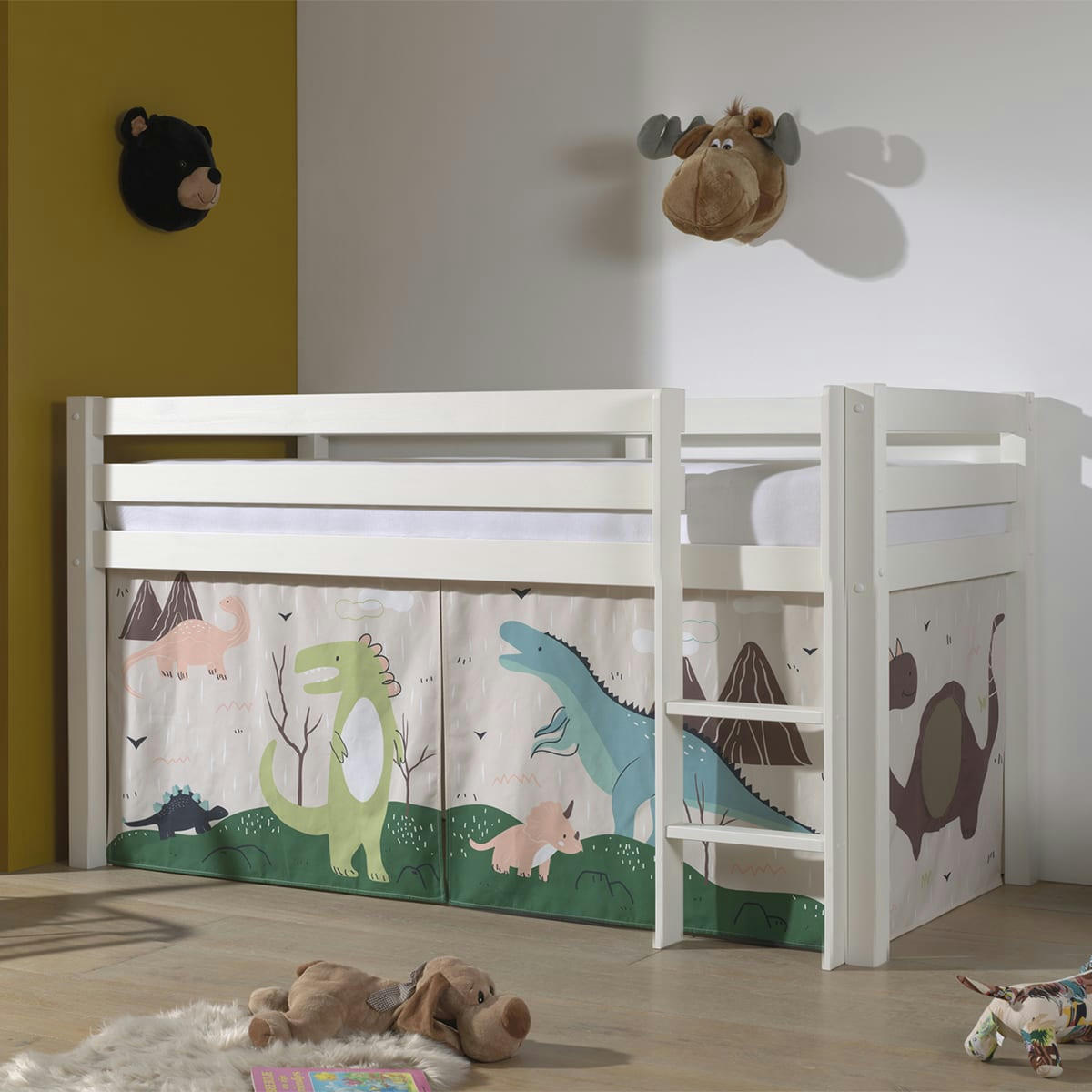 PINO - Lit mi-hauteur 90x200 sommier inclus housse dino blanc
