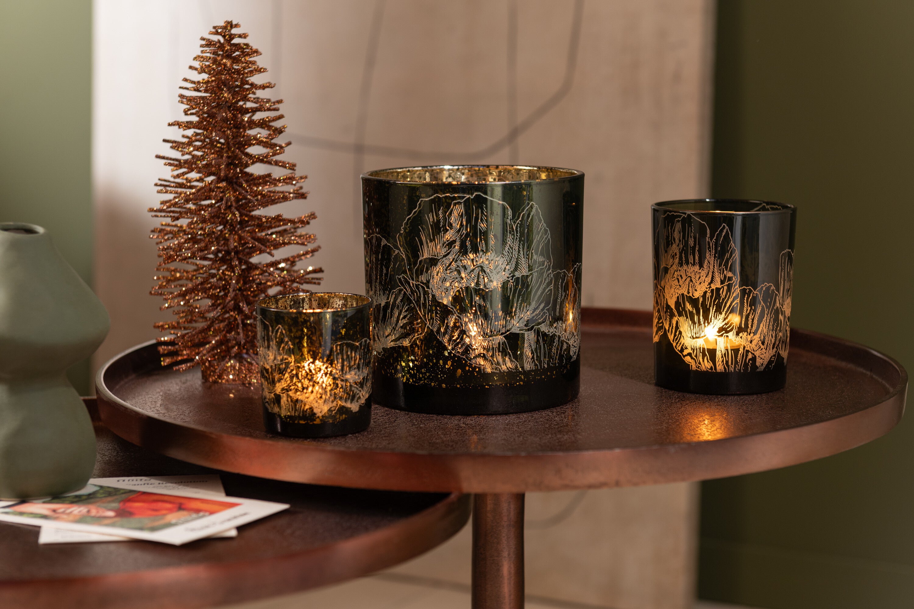 J-Line windlicht Bloemen - glas - kaki groen - small - 2 stuks