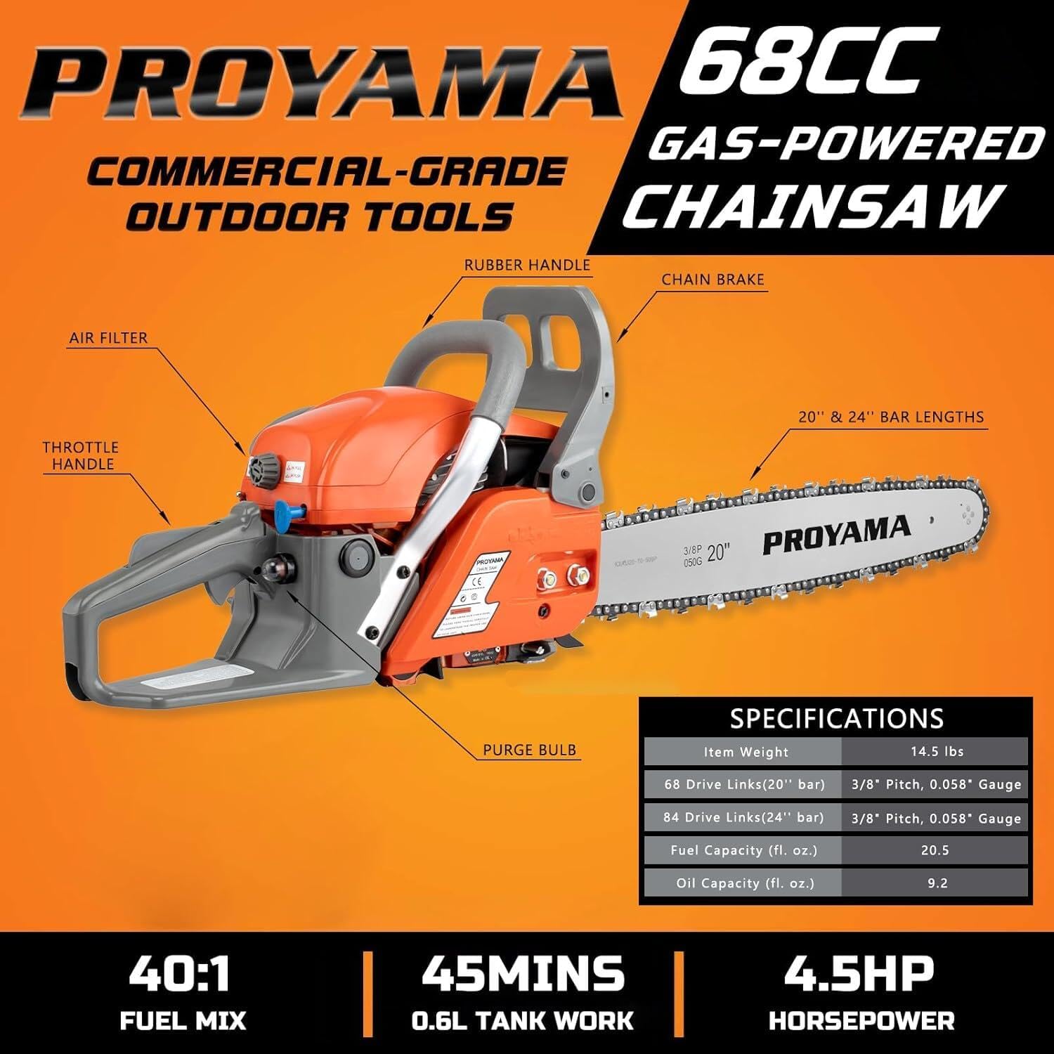 PROYAMA 68CC 2-Cycle Top Handle Gas Powered Chainsaw 24 Inch 20 Inch Petrol Handheld Cordless Chain Saw for Tree Wood Cutting