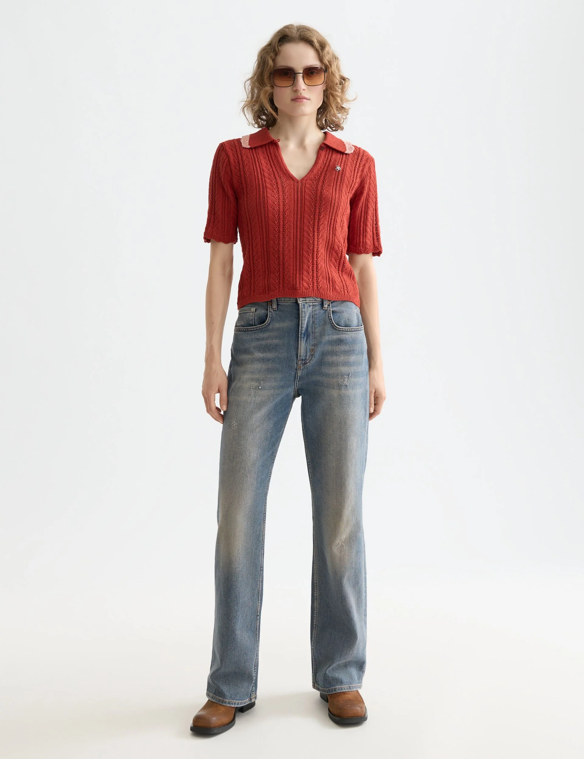 Pointelle collared knitted polo