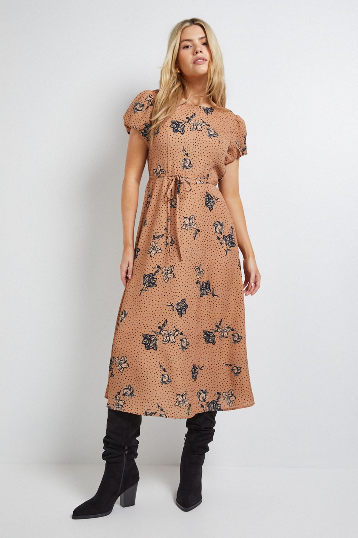 Dorothy Perkins Stone Floral Tie Back Detail Puff Sleeve Midi Dress