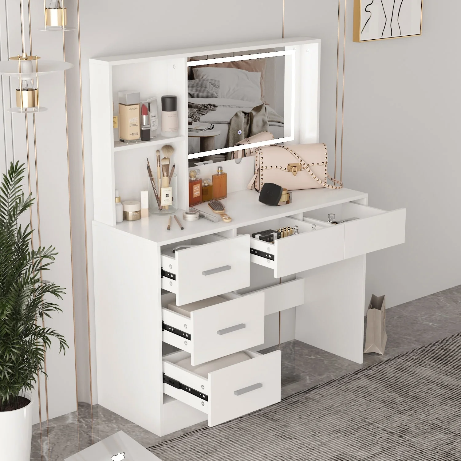 Makeup Vanity Table Adjustable Lighted Mirror Ample Storage Dresser