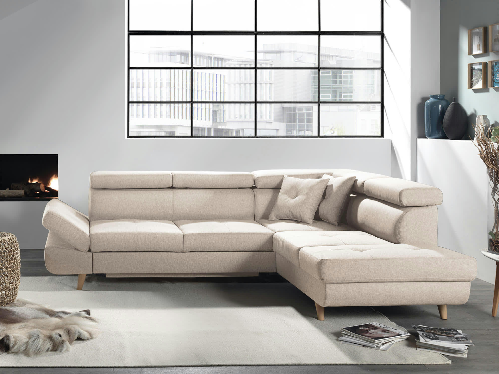 LINEA - Canapé d'angle droit convertible 5 places en tissu beige